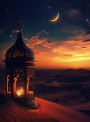 ramadan poster background or ramadan social media background with big lantern and desert background