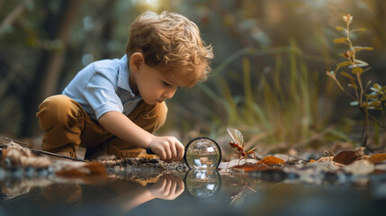 Boy looks at ant with magnifying glass