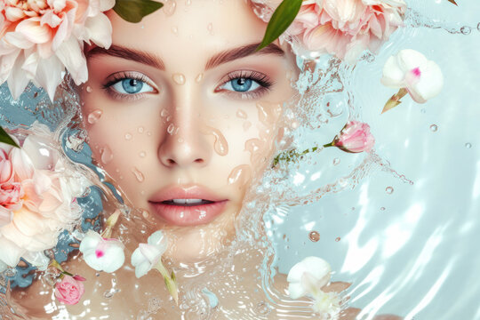 Beautiful young woman face with splashes of water and flowers. Face care, cosmetology, beauty treatment and spa concept.	
