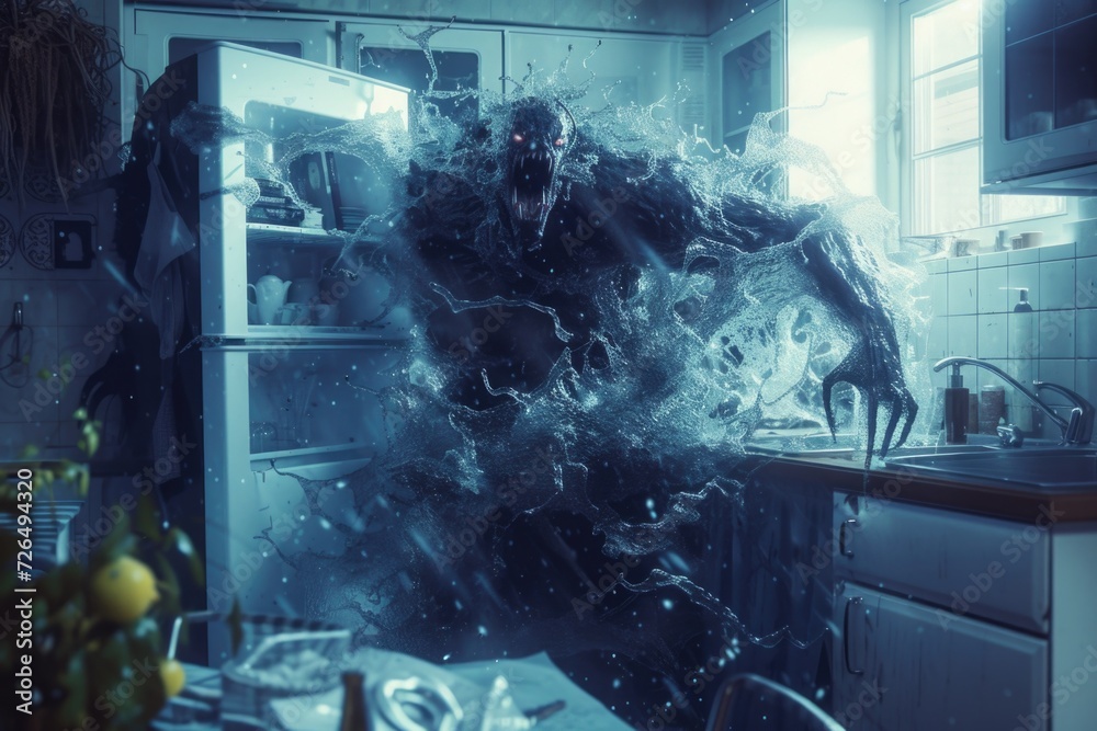 Poster A frightening creature is seen in a kitchen next to a sink. This image can be used to create a spooky atmosphere or for Halloween-themed projects
