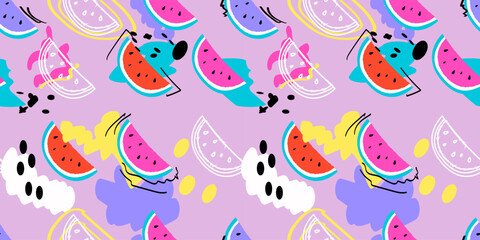 Abstract red sweet watermelon pattern. Trendy fashion fruit background.  Great for fabric, drawing labels, print on t-shirt, wallpaper of children's room.