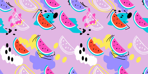 Abstract red sweet watermelon pattern. Trendy fashion fruit background.  Great for fabric, drawing labels, print on t-shirt, wallpaper of children's room.