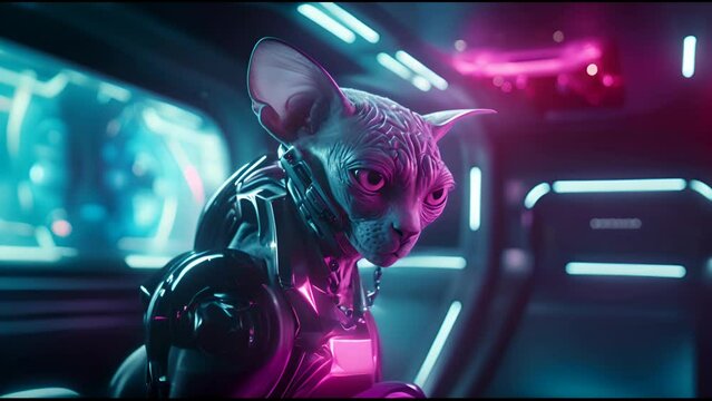 Anthropomorphic fantasy cat in cyborg armor. Fantastic android kitten in cyberpunk style. Technology and future concept.