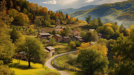 Beautiful Idyllic Valley Small Quaint Village Anytown USA - obrazy, fototapety, plakaty