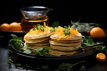 Side view of pancakes with kumquat slices on the plate and kumquat on the board wi, generative IA