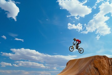 biker performing a jump over a natural ramp, sky backdrop