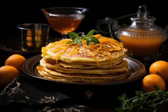 Upper view of pancakes with slices of kumquat on the plate and orange lemon in clo, generative IA