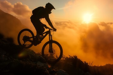 Obraz premium mountain biker silhouetted against sunset while climbing trail
