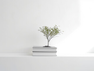 Bonsai Tree on Stack of Blank White Books in White Room - Generative AI