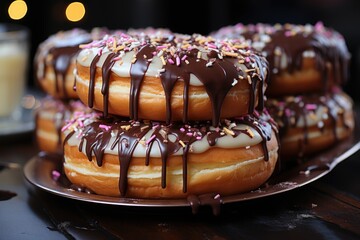 Beautiful photo of delicious donuts covered with chocolate icing with the ingredie, generative IA