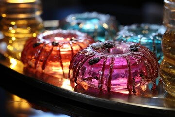 Vertical close of cute donuts stuffed with jelly on a tray on the table under the , generative IA