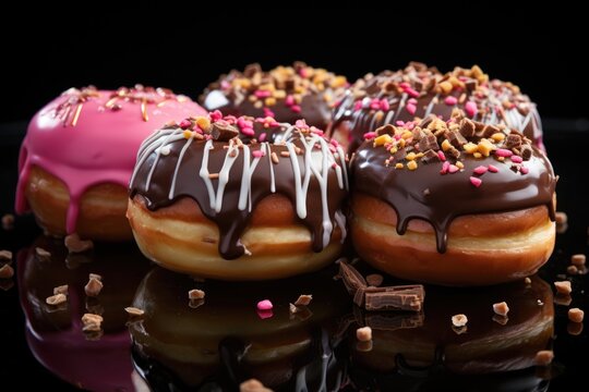 Beautiful photo of delicious donuts covered with nail polish and pieces of chocola, generative IA