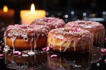 Two Donuts with sprinklers on the marble table. high quality photo, generative IA