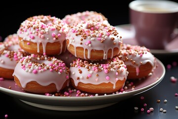 Donat decorated sprinkles and icing in white plate in pink background. concept of , generative IA - obrazy, fototapety, plakaty