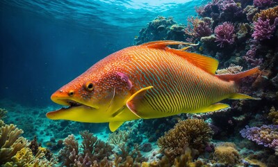 Naklejka premium Tropical sea underwater fishes on coral reef