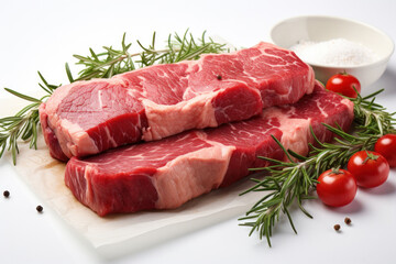 Fototapeta premium Piece of fresh appetizing beef with spices and rosemary on a white background