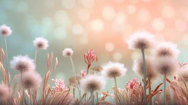Fluffy White and Pink Dandelion Flowers in a Pastel Landscape - Generative AI