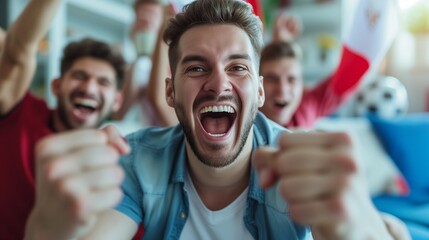 Group of friends cheering on a football match in the living room are celebrating their team's goal.
