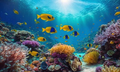 Tropical sea underwater fishes on coral reef