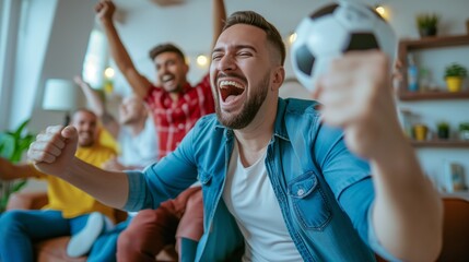 Group of friends cheering on a football match in the living room are celebrating their team's goal.