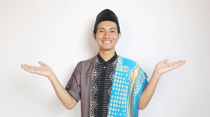 Asian Muslim man smile expression gesture wide open hands