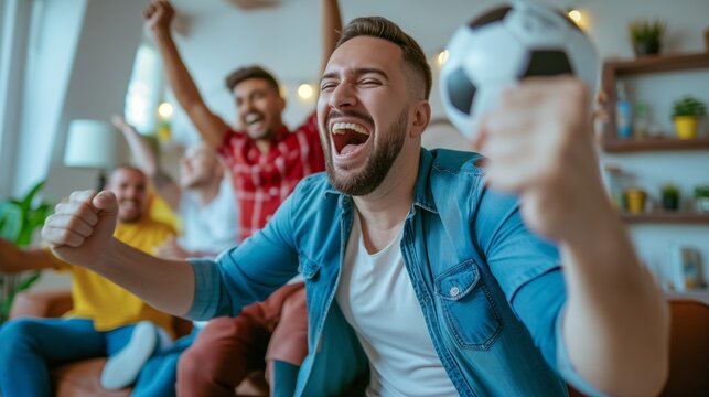 Group of friends cheering on a football match in the living room are celebrating their team's goal.