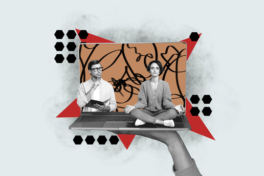 Collage picture of young woman sitting laptop yoga coach relaxed focused when viewer man write notes isolated on gray color background