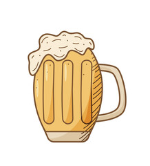 Glass beer mug with foam icon. Vector illustration of a logo for a bar or pub. Single doodle isolate on white.