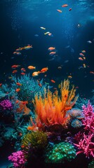 A colorful community of marine life thrives in the underwater wonderland of a vibrant coral reef, surrounded by seaweed and sparkling water in an aquarium adorned with aquatic decor