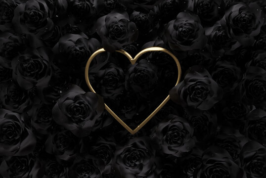 3D rendering of golden heart frame over black roses. Flat lay of minimal love style concept