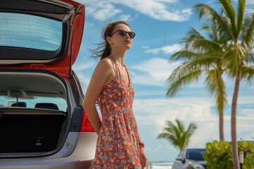 woman in sun dress by rental car with trunk open - obrazy, fototapety, plakaty