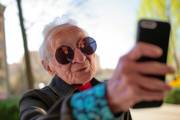 older person with round sunglasses taking a selfie with a smartphone