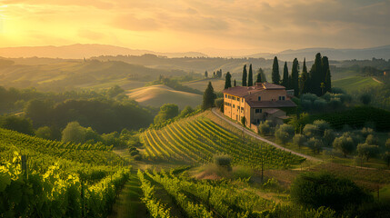 A Tuscan hillside, with terraced vineyards as the background, during the golden hour