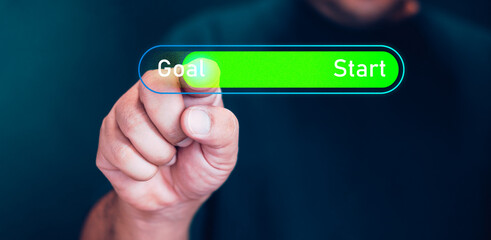 Hand point finger press timeline loading to complete the start to goal to complete the project. The concept of business planning strategy of  with digital graphics