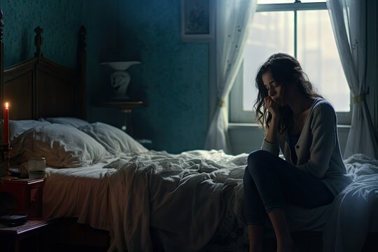 woman sitting on the bed lonely