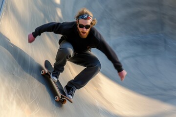 Obraz premium skater with sunglasses speeds down a park slope