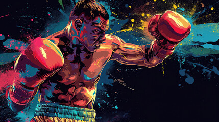 Cool looking boxer throwing punch isolated on dark background. Colorful comic style illustration. - obrazy, fototapety, plakaty