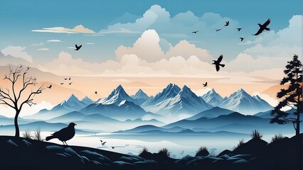 Natural landscape silhouetted hills, mountains and birds, with cold weather vectors and ilustrations
