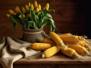 Fresh Corn on the Cob and Vase of Flowers with Rustic Background - Generative AI