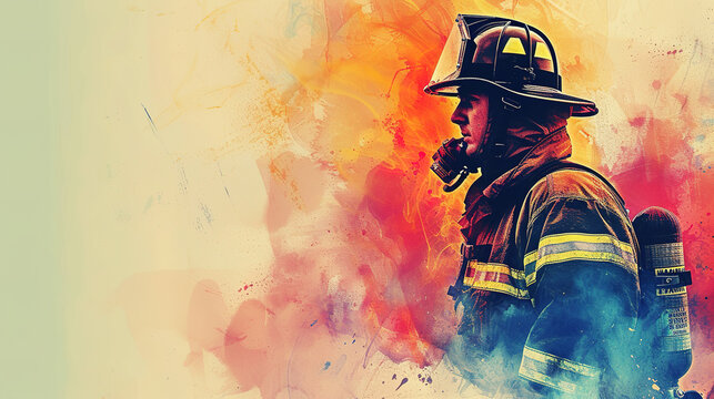Colorful firefighter or fireman in mixed grunge colors style illustration.