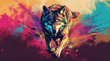 Colorful cool looking wolf walking toward camera in mixed grunge colors comic style illustration. - obrazy, fototapety, plakaty