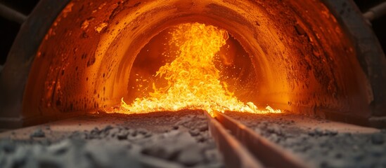 Flame in rotary kiln heating mode in cement plant, up close.