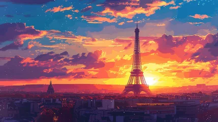 Foto op Canvas Beautiful scenic view of Eiffel tower in France during sunrise in landscape comic style. © Tepsarit