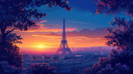 Beautiful scenic view of Eiffel tower in France during sunrise in landscape comic style.
