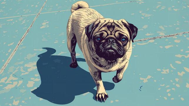 Cool looking pug dog walking in minimal comic style illustration.