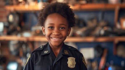 Smiling African-American Kid as Police Officer A cheerful child dressed in a police officer uniform, Dream job of serving and protecting their community. With a bright smile and a confident pose,