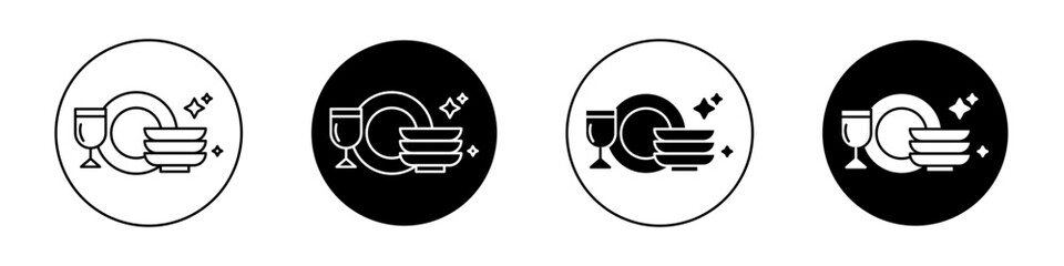 Clean Tableware Icon set. Kitchen Sink Hygiene Dishwasher Vector Symbol in Black Filled and Outlined Style. Utensil Cleaning Efficiency Sign. - obrazy, fototapety, plakaty