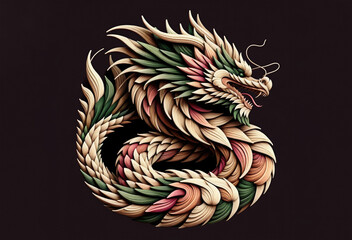 Chinese dragon with abstract triangle design in pastel colors on dark background symbol of 2024 year. Minimal geometric style