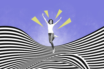 3d retro abstract creative artwork template collage of excited funky lady jumping high rising fists...