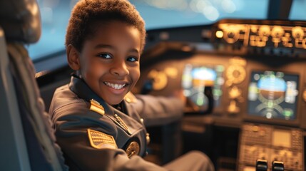 Happy Kid as Airplane Captain joyful child dressed in a pilot suit poses inside the plane's cockpit, dreaming of their future job as an airplane captain. With a beaming smile of excitement, - obrazy, fototapety, plakaty